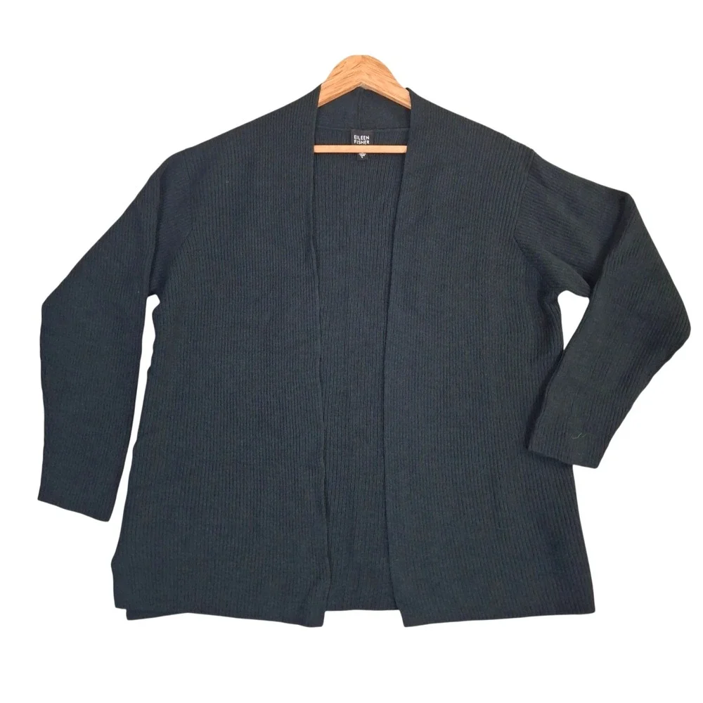 Eileen Fisher Wool Ribbed Open Front Cardigan Sweater Large Green